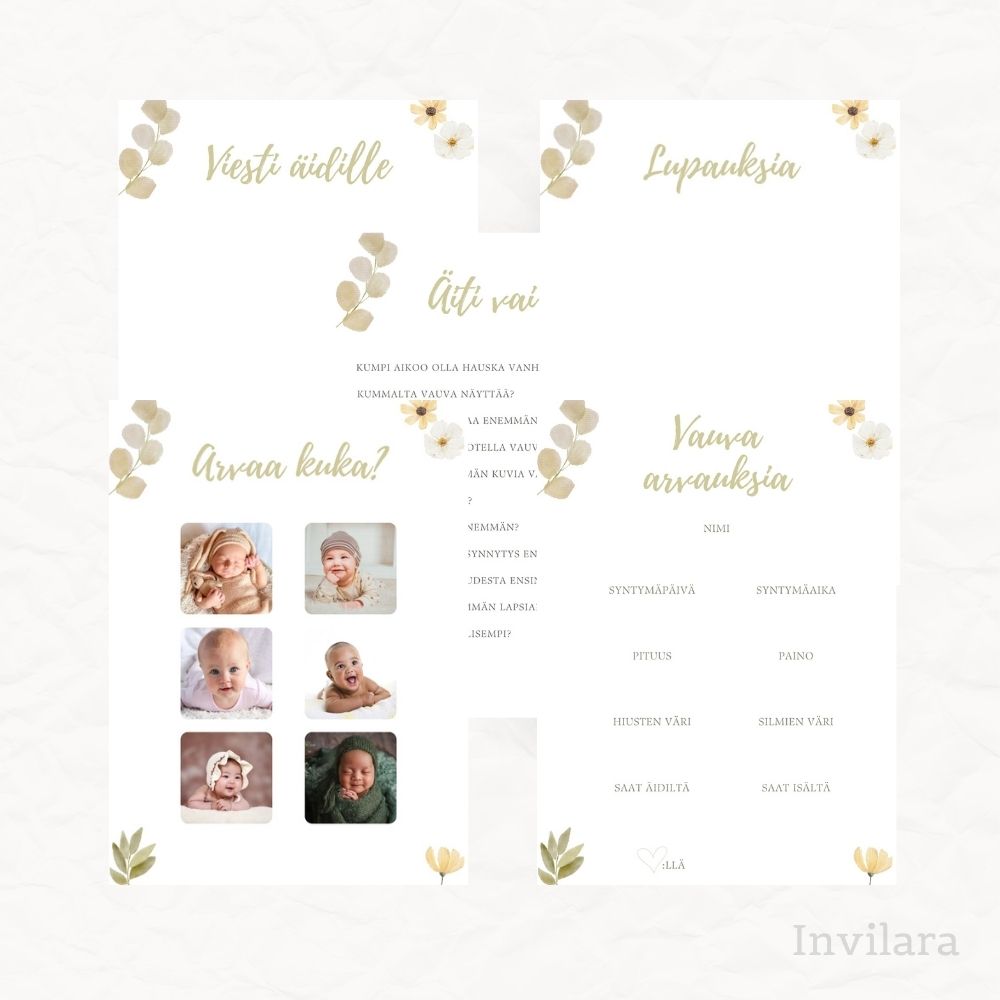 Baby shower vauvakutsut tulostettava ja muokattava paketti, tekemistä baby showereille vauvakutsuille