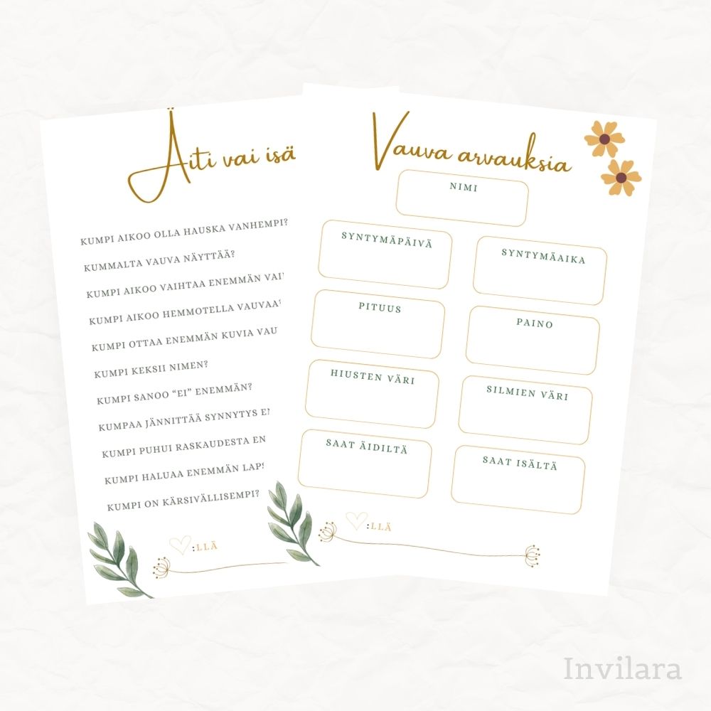 Baby shower vauvakutsut tulostettava ja muokattava paketti, tekemistä baby showereille vauvakutsuille