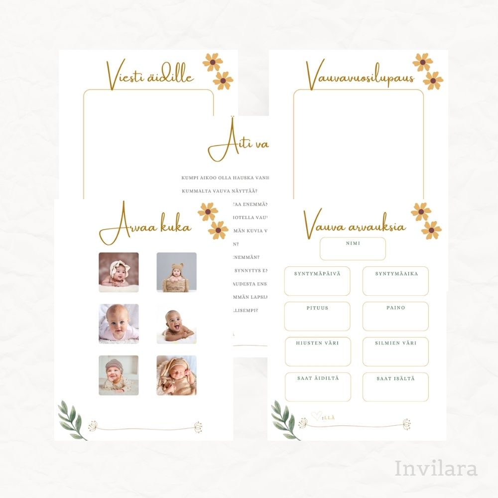 Baby shower vauvakutsut tulostettava ja muokattava paketti, tekemistä baby showereille vauvakutsuille