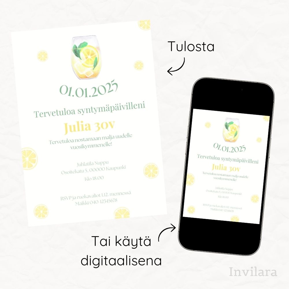 Aikuisten muokattavat ja tulostettavat tai digitaaliset syntymäpäiväkutsut