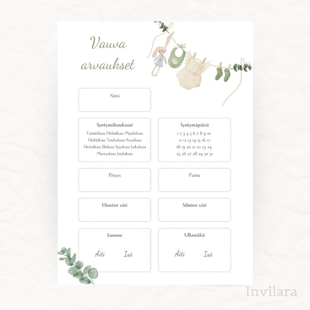 Tekemistä babyshowereille vauvakutsuille, vauva arvauksia, arvaa tulevan vauvan paino pituus nimi ja paljon muuta