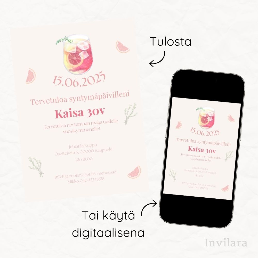 Aikuisten muokattavat ja tulostettavat tai digitaaliset syntymäpäiväkutsut