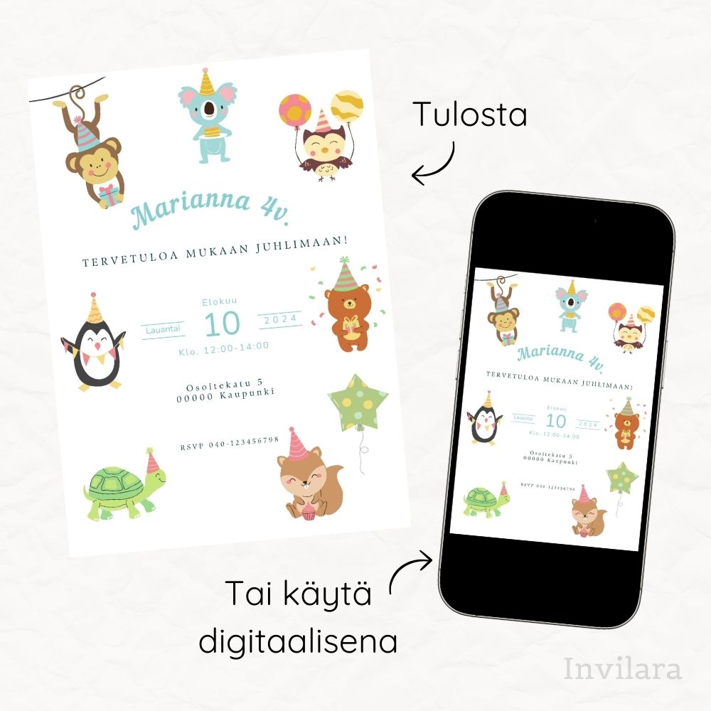 Lasten muokattavat ja tulostettavat tai digitaaliset syntymäpäiväkutsut