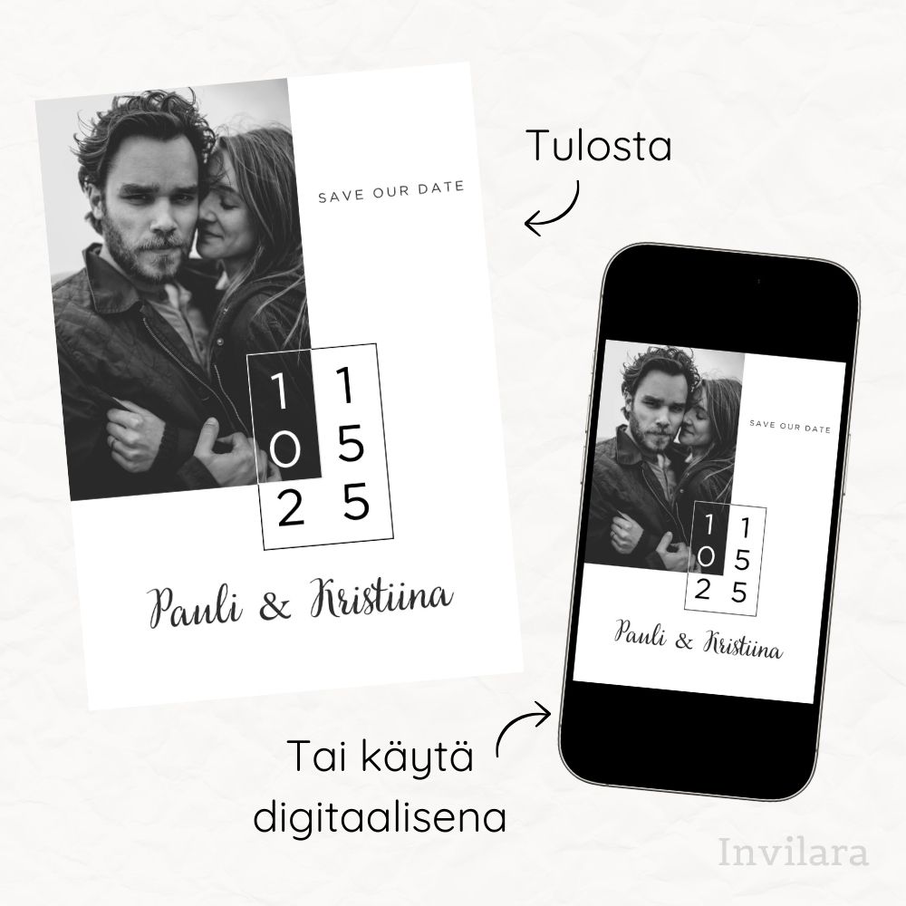 Muokattava ja tulostettava tai digitaalinen save the date kutsu ennen häitä