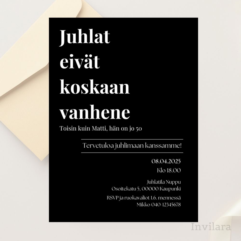 Aikuisten muokattavat ja tulostettavat tai digitaaliset syntymäpäiväkutsut