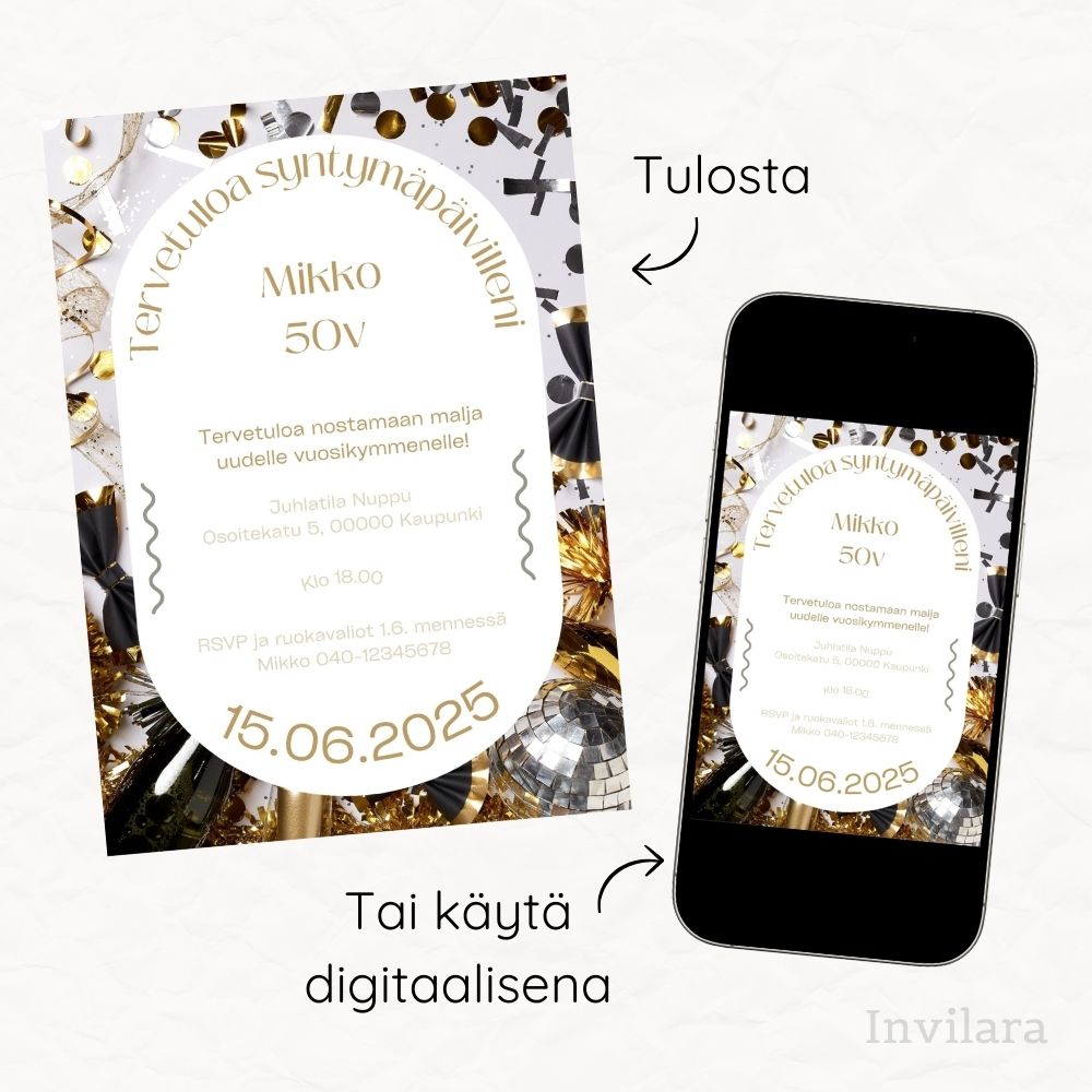 Aikuisten muokattavat ja tulostettavat tai digitaaliset syntymäpäiväkutsut