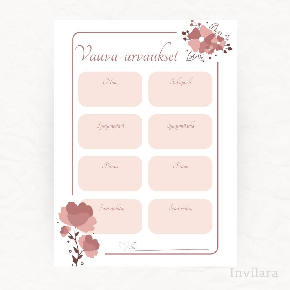 vauva arvaukset tehtäväkortti, arvaa vauvan paino pituus nimi ja paljon muuta