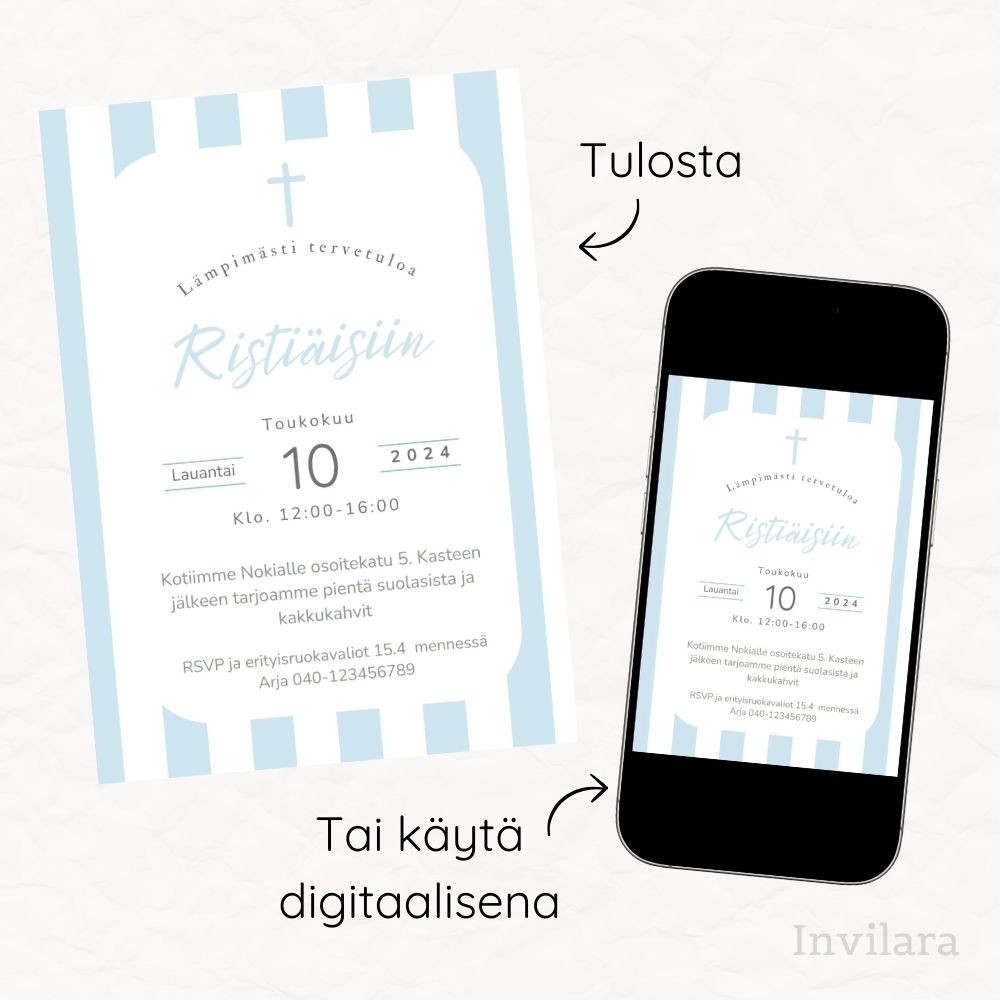 Muokattava ja tulostettava tai digitaalinen ristiäiskutsu tai nimiäiskutsu. Sähköinen kutsu kastejuhlaan.