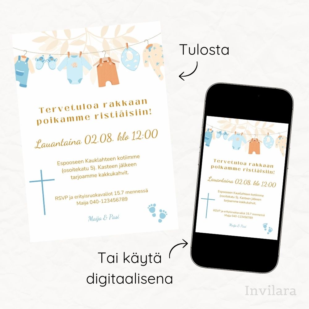 Muokattava ja tulostettava tai digitaalinen ristiäiskutsu tai nimiäiskutsu. Sähköinen kutsu kastejuhlaan.