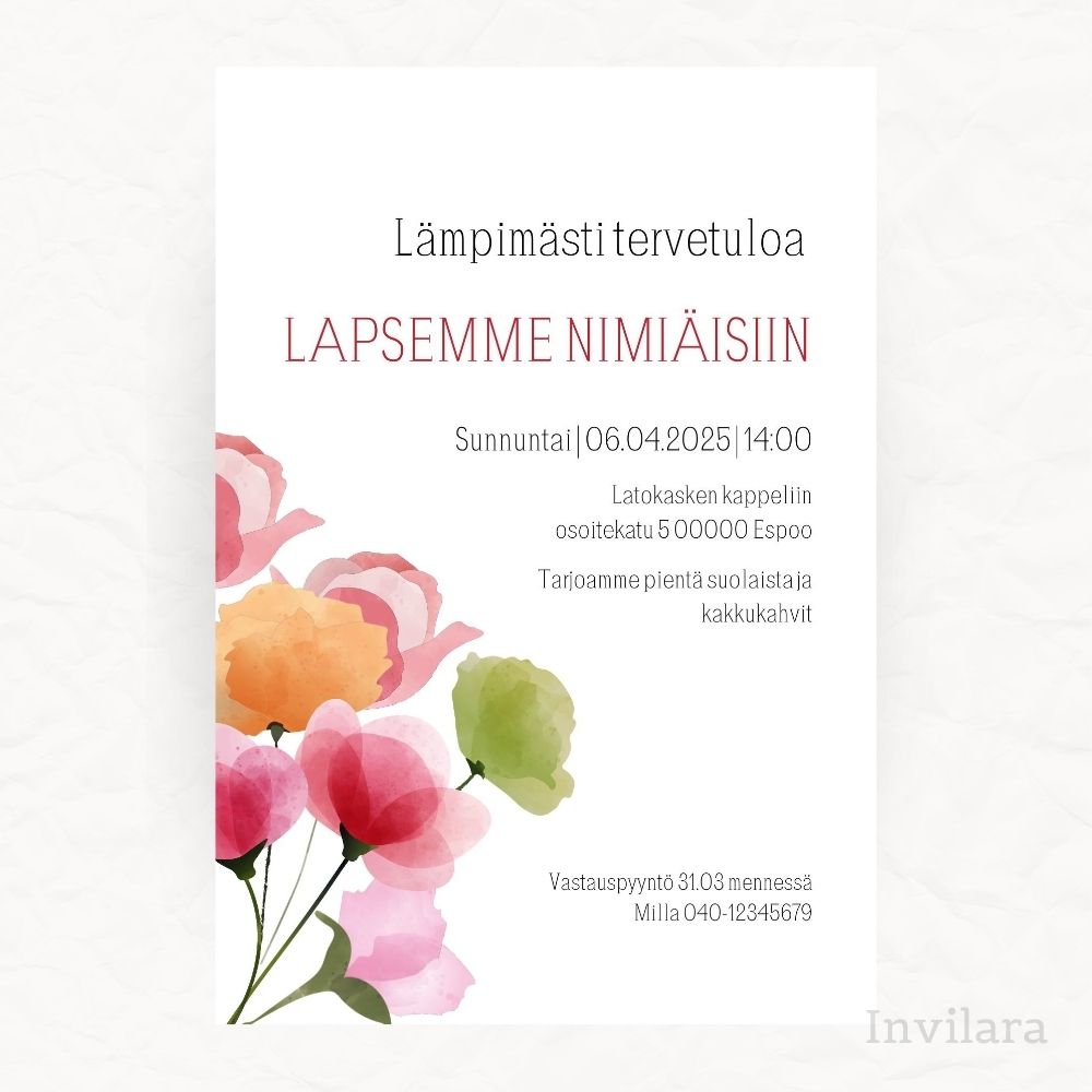 Muokattava ja tulostettava tai digitaalinen ristiäiskutsu tai nimiäiskutsu. Sähköinen kutsu kastejuhlaan.