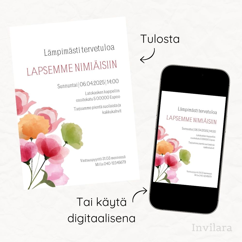 Muokattava ja tulostettava tai digitaalinen ristiäiskutsu tai nimiäiskutsu. Sähköinen kutsu kastejuhlaan.