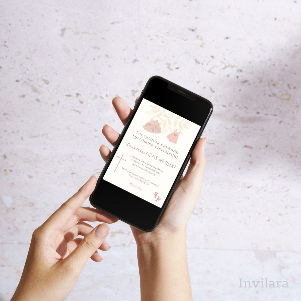 Muokattava ja tulostettava tai digitaalinen ristiäiskutsu tai nimiäiskutsu. Sähköinen kutsu kastejuhlaan.