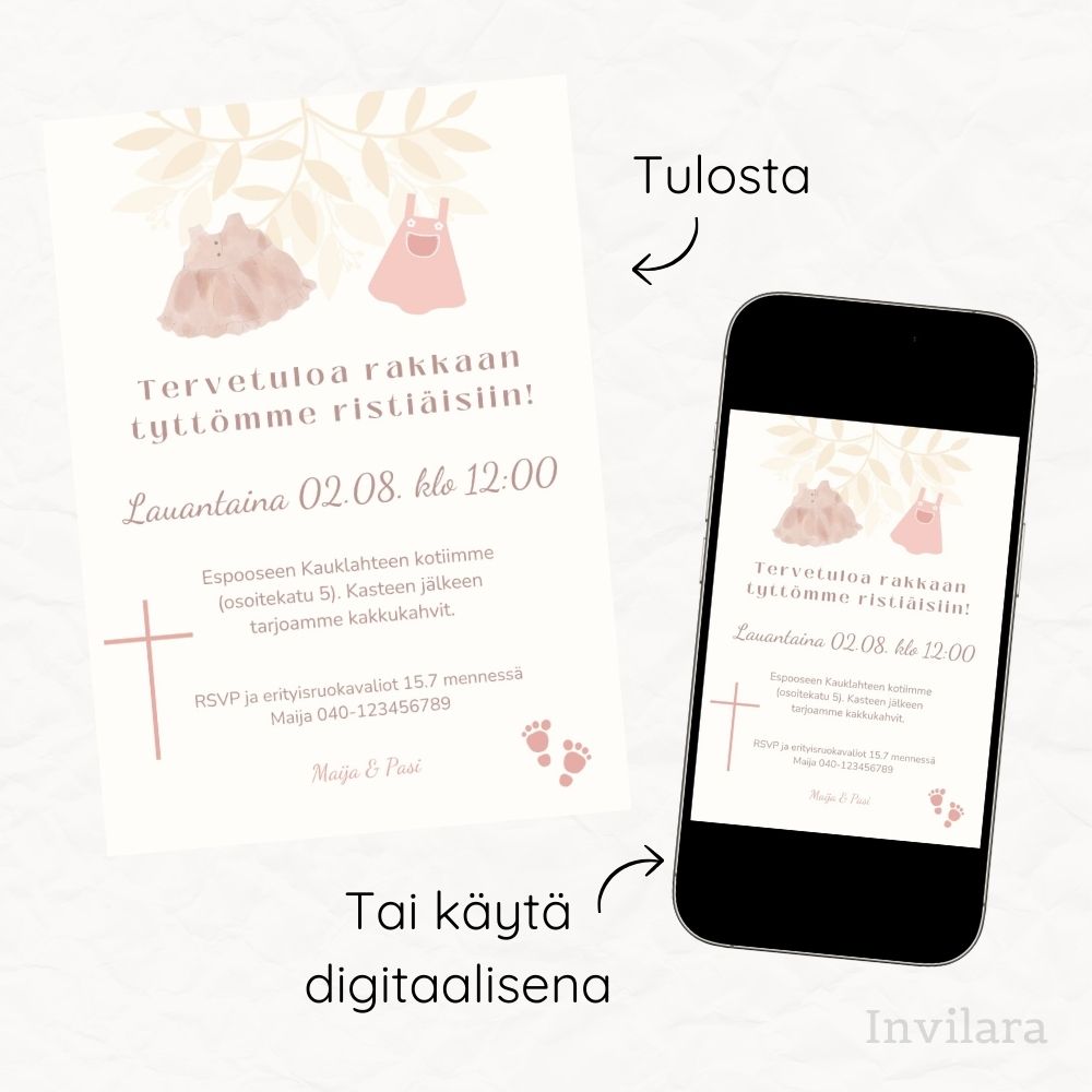 Muokattava ja tulostettava tai digitaalinen ristiäiskutsu tai nimiäiskutsu. Sähköinen kutsu kastejuhlaan.