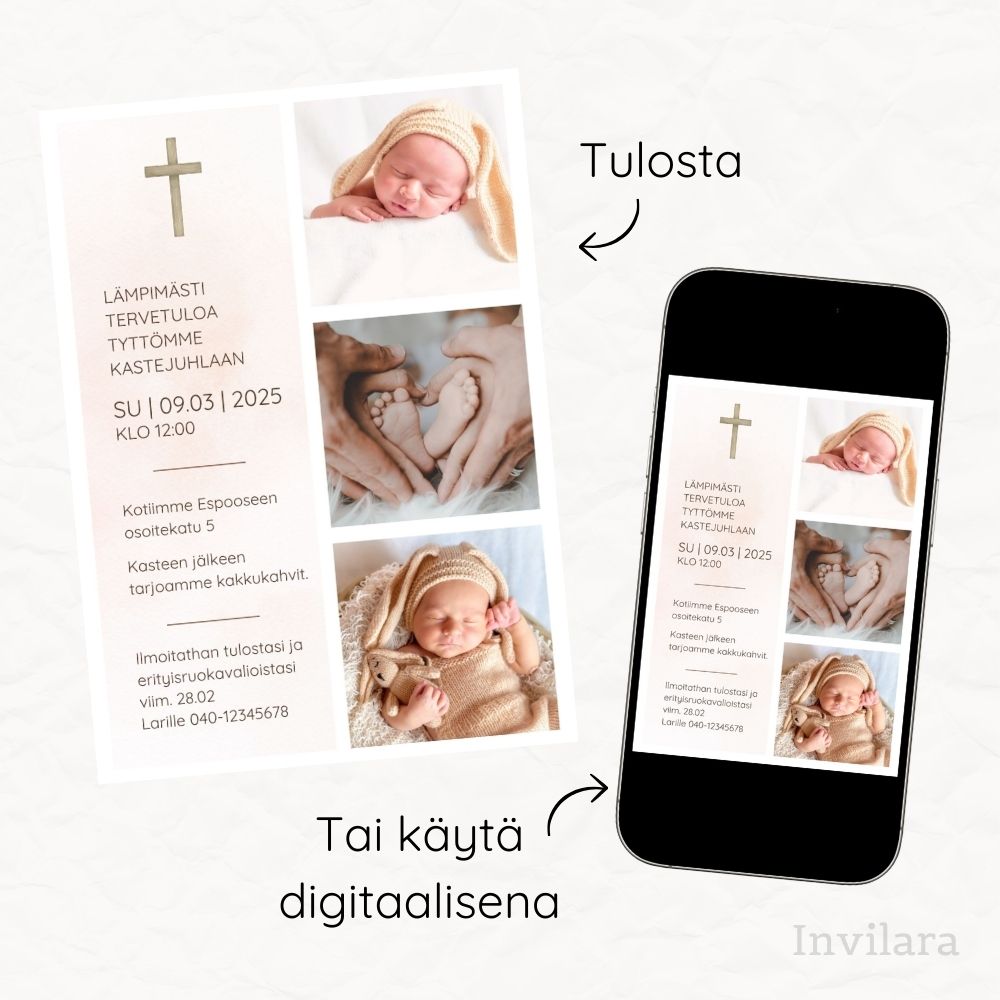 Muokattava ja tulostettava tai digitaalinen ristiäiskutsu tai nimiäiskutsu. Sähköinen kutsu kastejuhlaan.