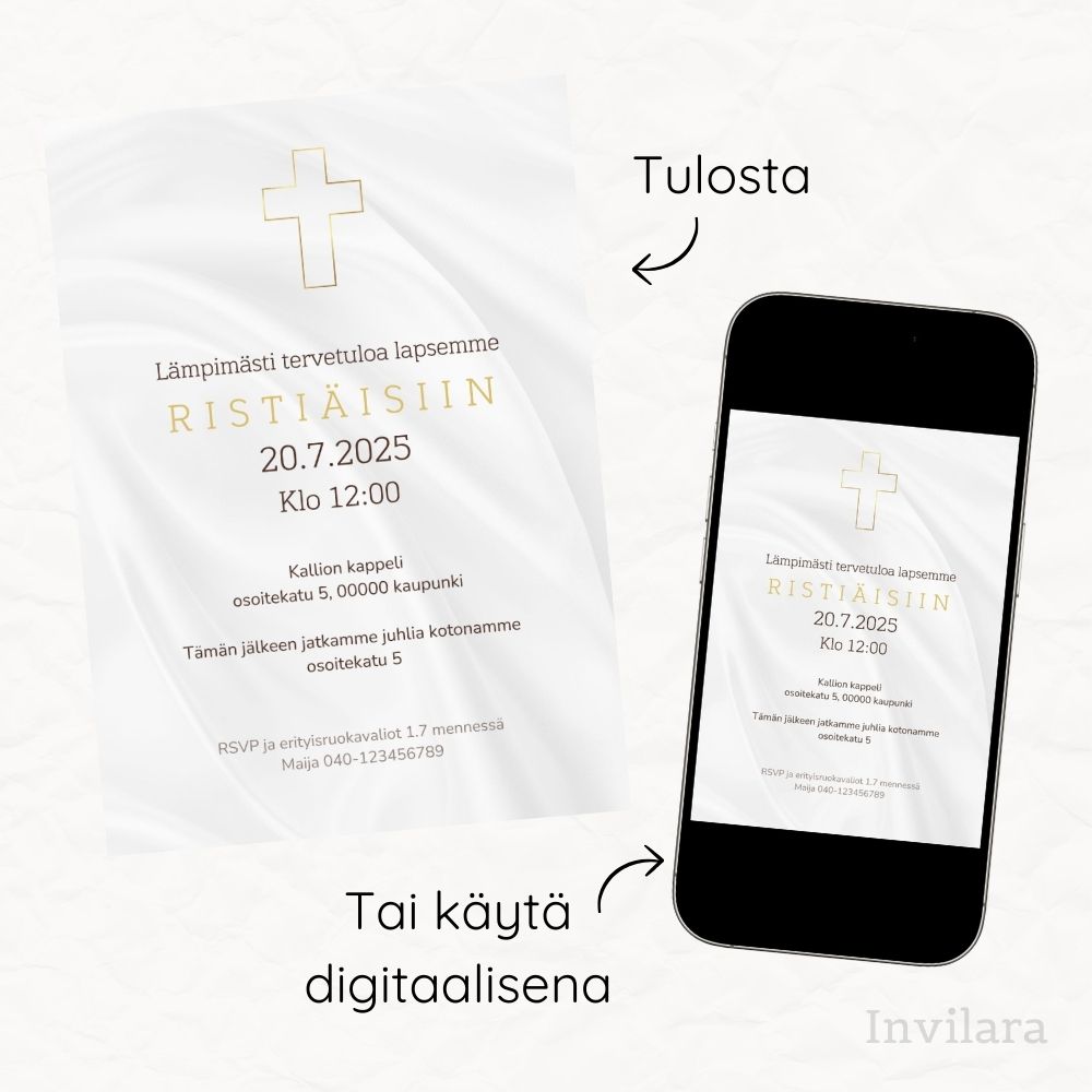 Muokattava ja tulostettava tai digitaalinen ristiäiskutsu tai nimiäiskutsu. Sähköinen kutsu kastejuhlaan.
