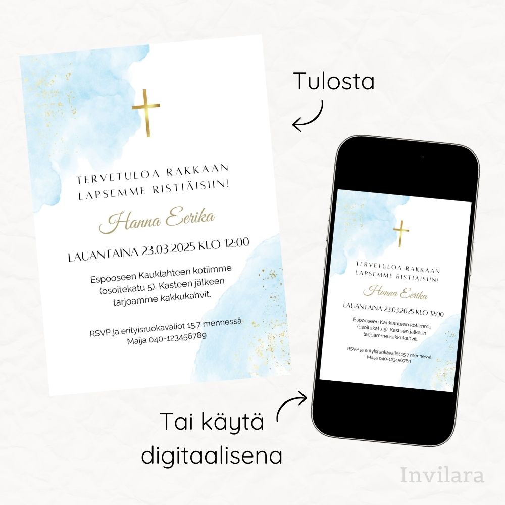 Muokattava ja tulostettava tai digitaalinen ristiäiskutsu tai nimiäiskutsu. Sähköinen kutsu kastejuhlaan.