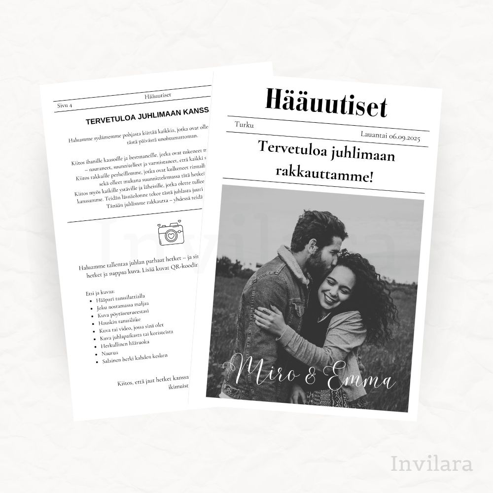 Hääuutiset hääsanomat, häiden suosittu yksityiskohta, tulostettava ja muokattava häiden paperitarvikkeet