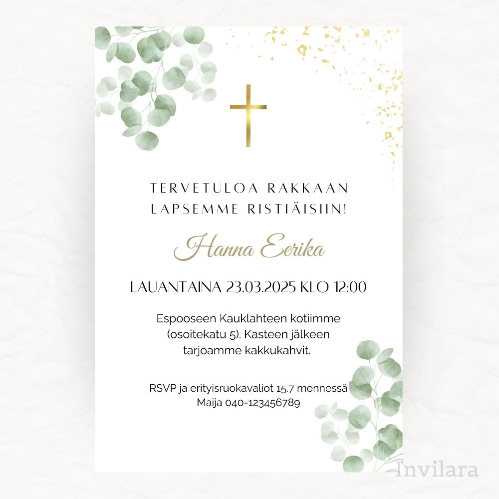 Muokattava ja tulostettava tai digitaalinen ristiäiskutsu tai nimiäiskutsu. Sähköinen kutsu kastejuhlaan.