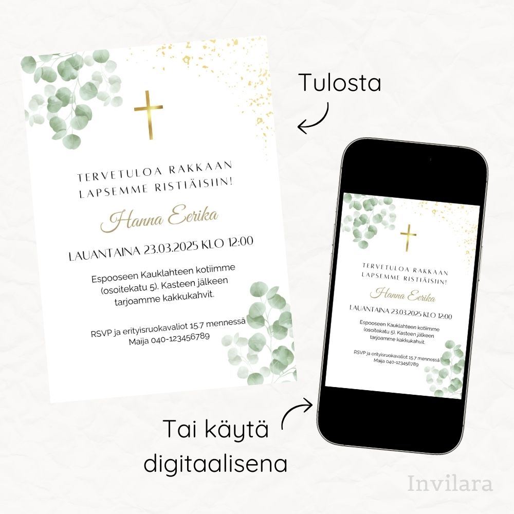 Muokattava ja tulostettava tai digitaalinen ristiäiskutsu tai nimiäiskutsu. Sähköinen kutsu kastejuhlaan.