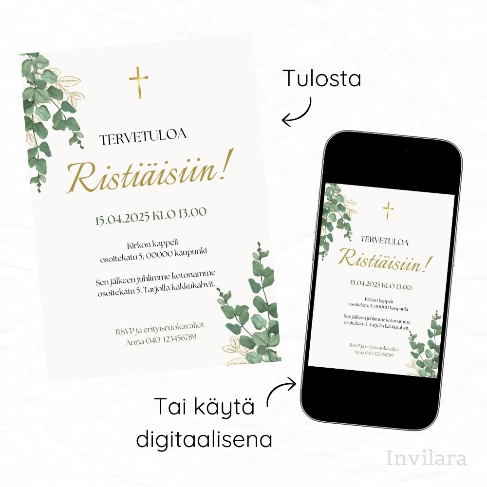 Digitaalinen muokattava ristiäiskutsu tai nimiäiskutsu, tulostettava ristiäiskutsu