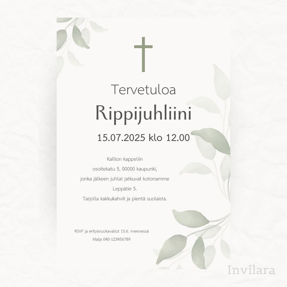 Digitaalinen muokattava rippijuhla kutsukortti, rippikutsu