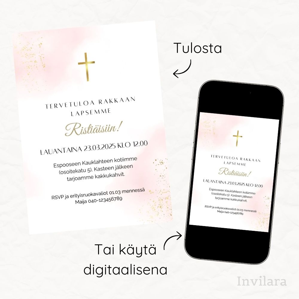 Digitaalinen muokattava ristiäiskutsu tai nimiäiskutsu, tulostettava ristiäiskutsu