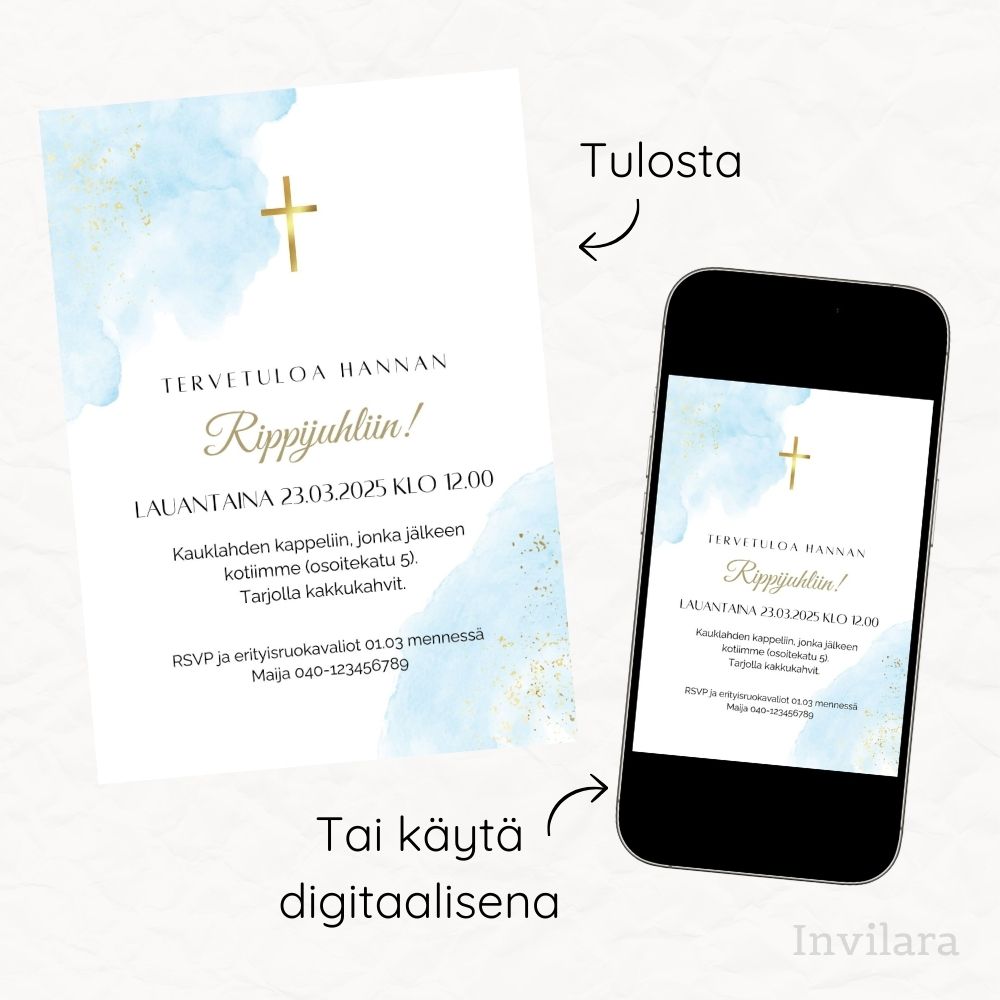 Digitaalinen muokattava rippijuhla kutsukortti, rippikutsu