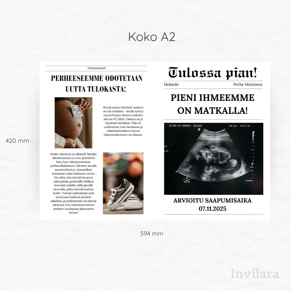 Ilmoita raskaudestasi hauskasti ja persoonallisesti vauvauutiset-sanomalehdellä. Täysin muokattava pohja, johon voit lisätä omat tietosi ja kuvasi.