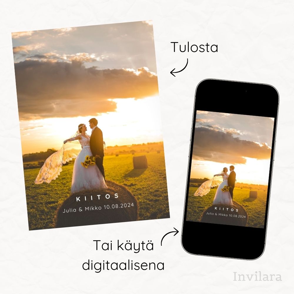 Häät kiitoskortti, häiden kiitoskortti muokattava ja tulostettava