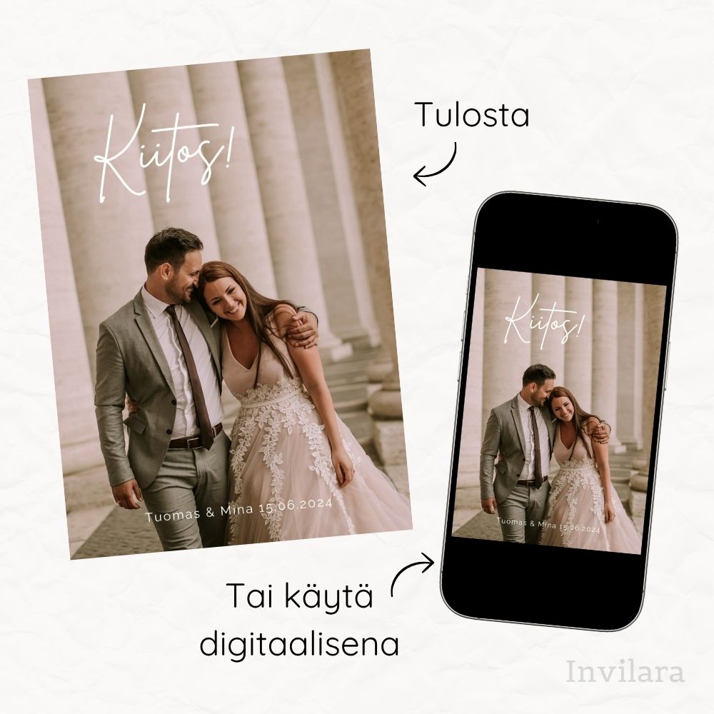 Häät kiitoskortti, häiden kiitoskortti muokattava ja tulostettava
