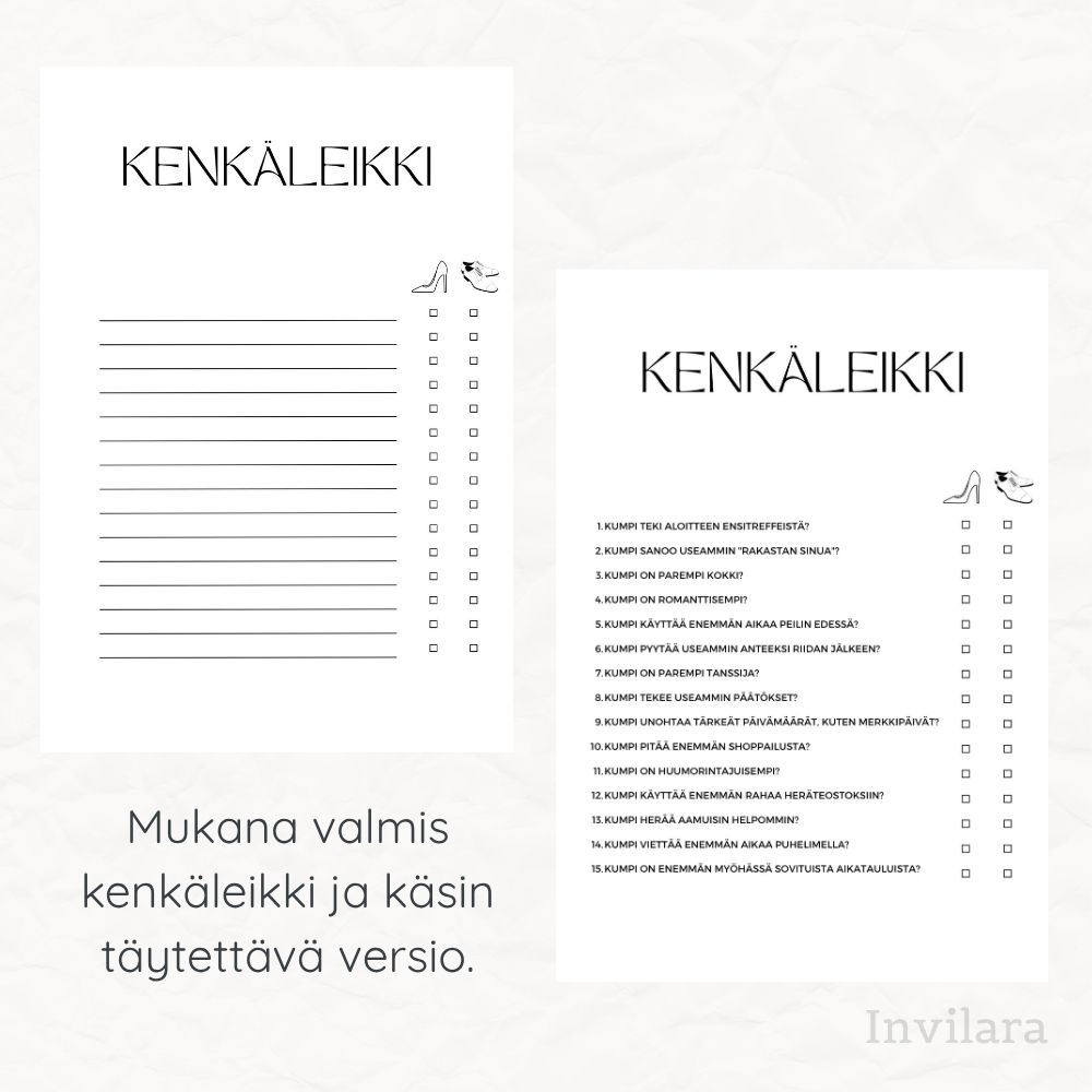 Tulostettavat hääpelit vieraille aktiviteetiksi