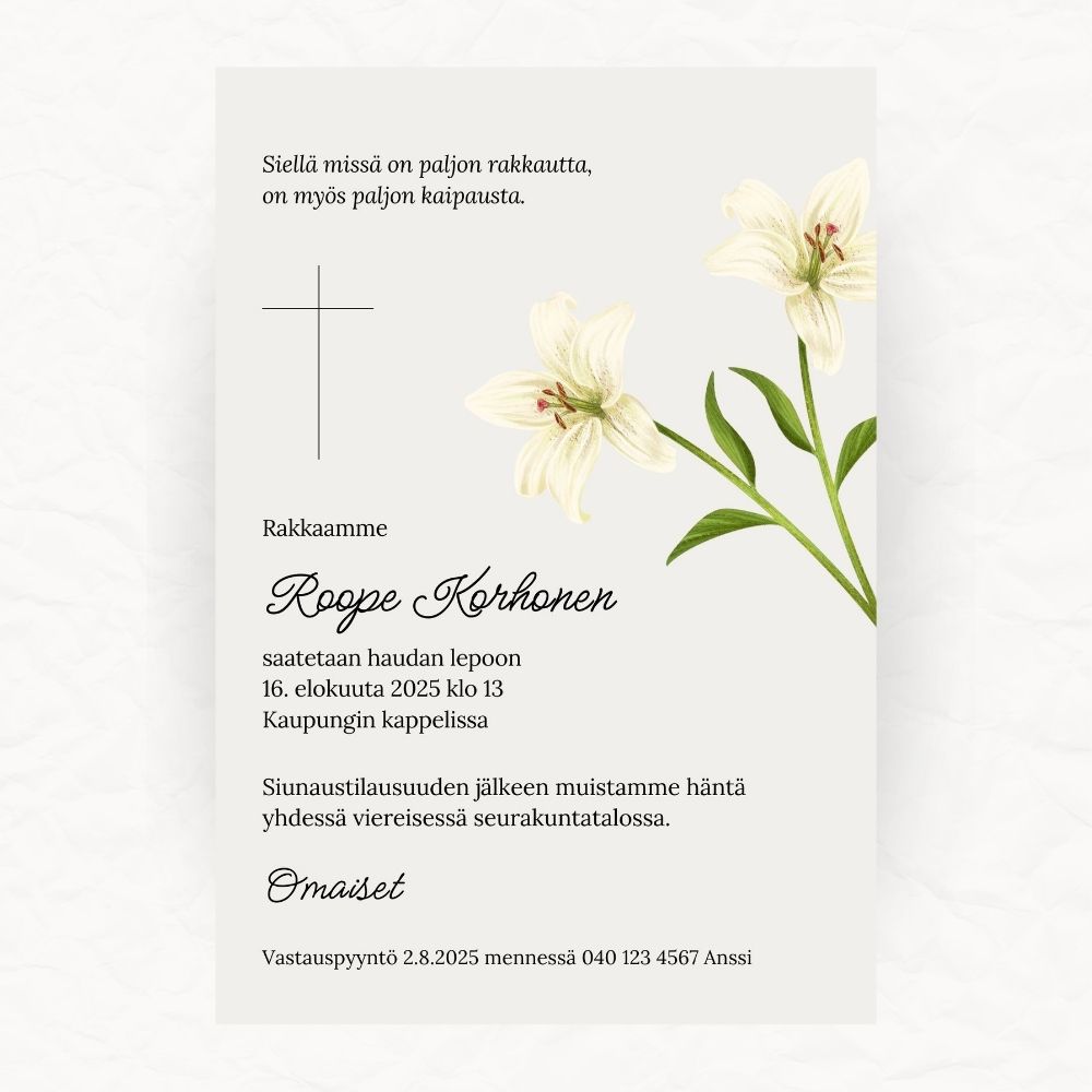 Muokattava ja tulostettava tai digitaalinen hautajaiskutsu