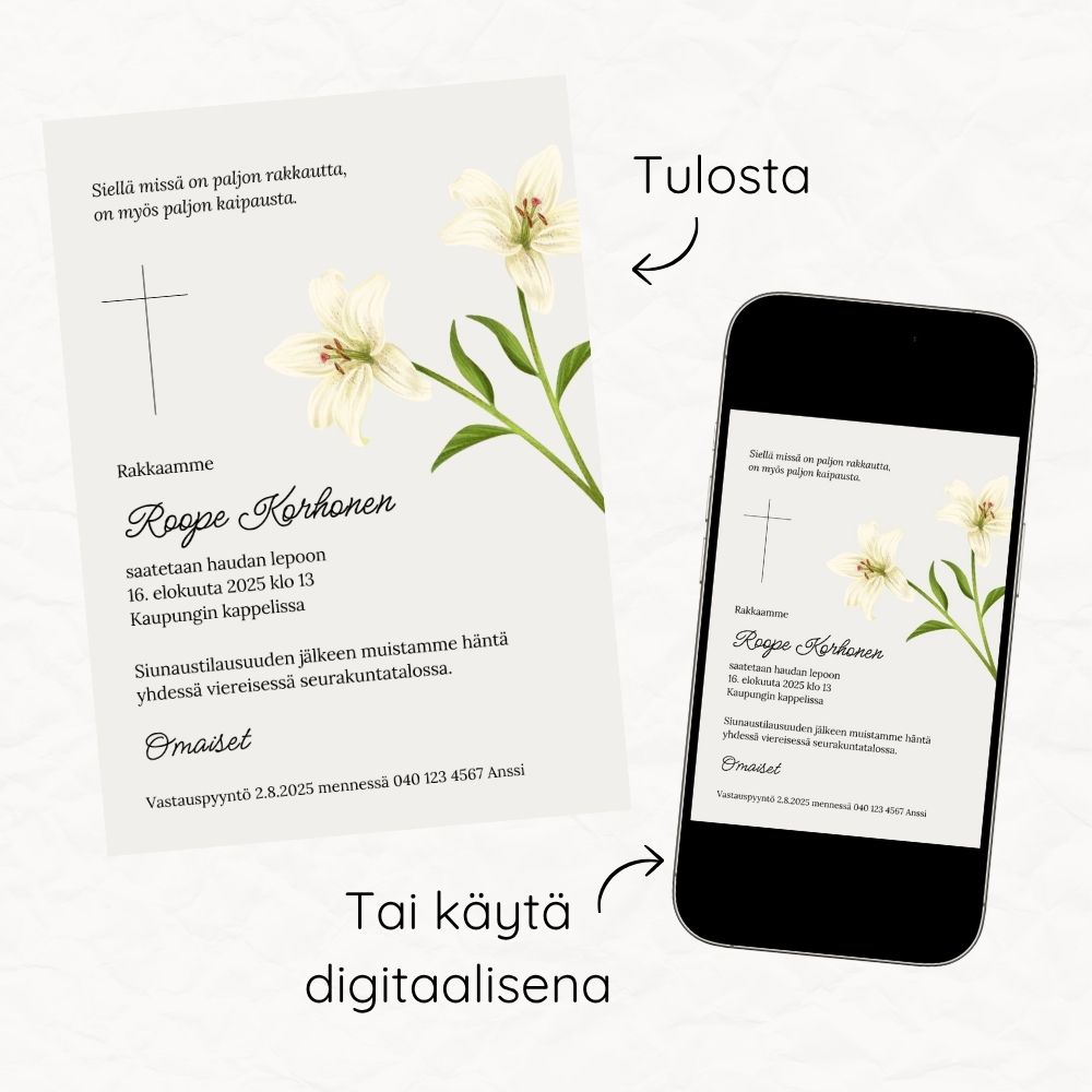Muokattava ja tulostettava tai digitaalinen hautajaiskutsu