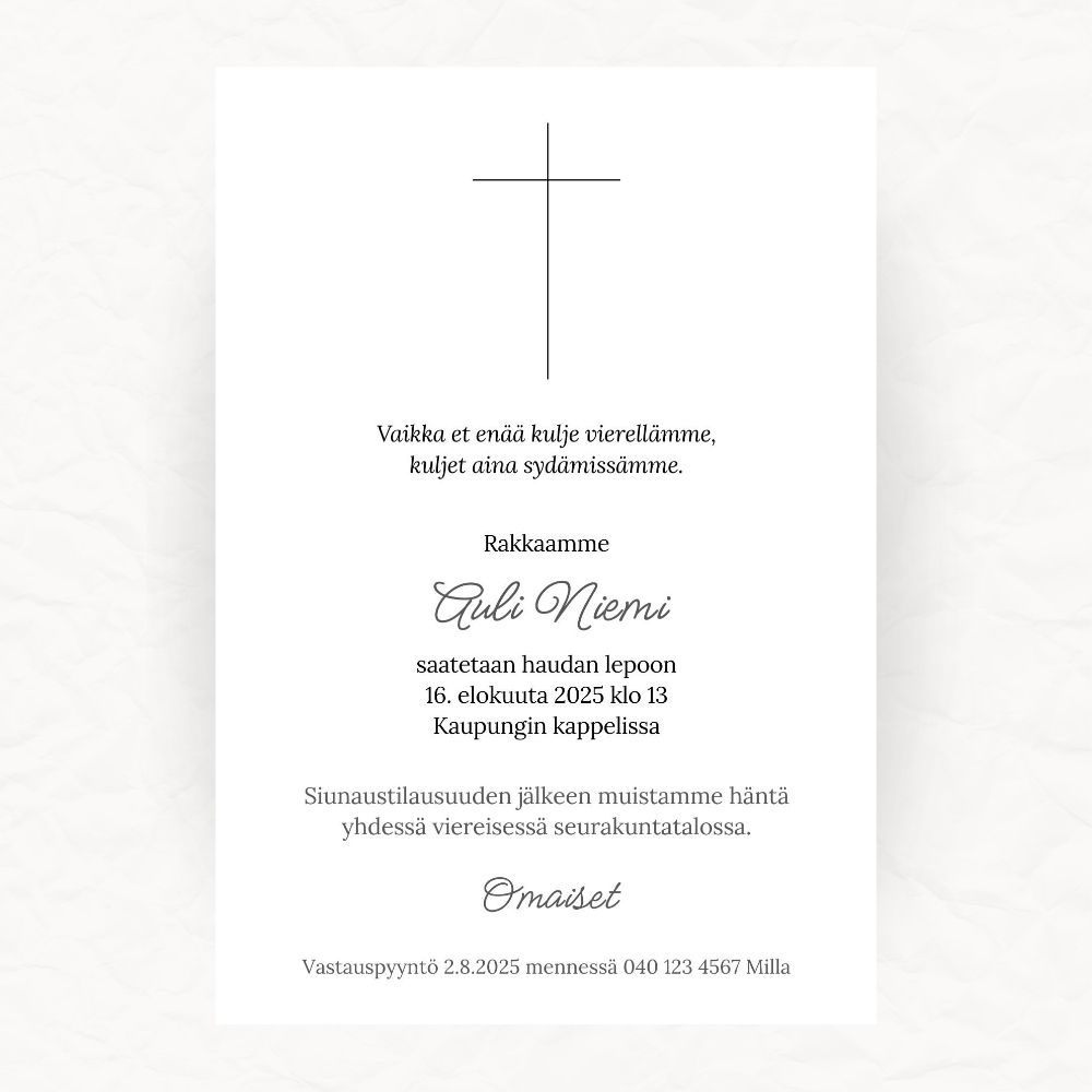 Muokattava ja tulostettava tai digitaalinen hautajaiskutsu