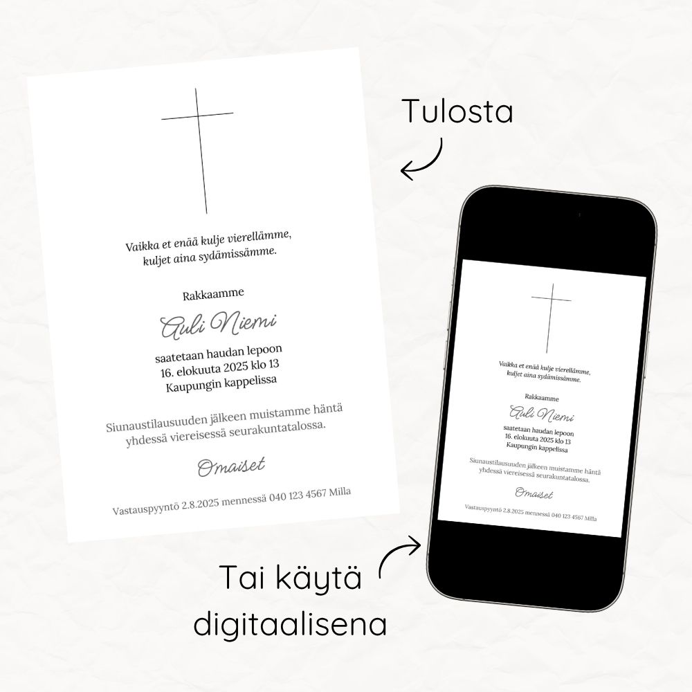 Muokattava ja tulostettava tai digitaalinen hautajaiskutsu