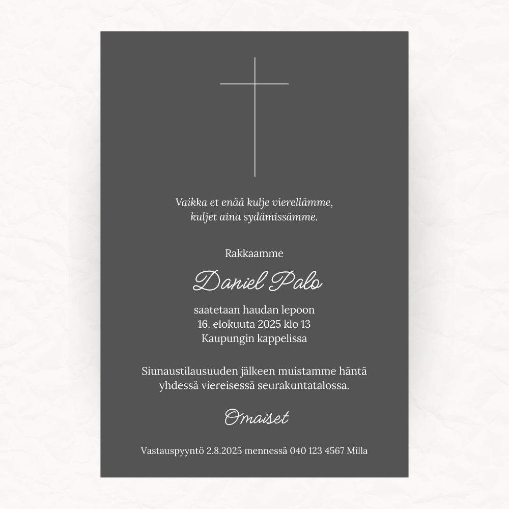 Muokattava ja tulostettava tai digitaalinen hautajaiskutsu