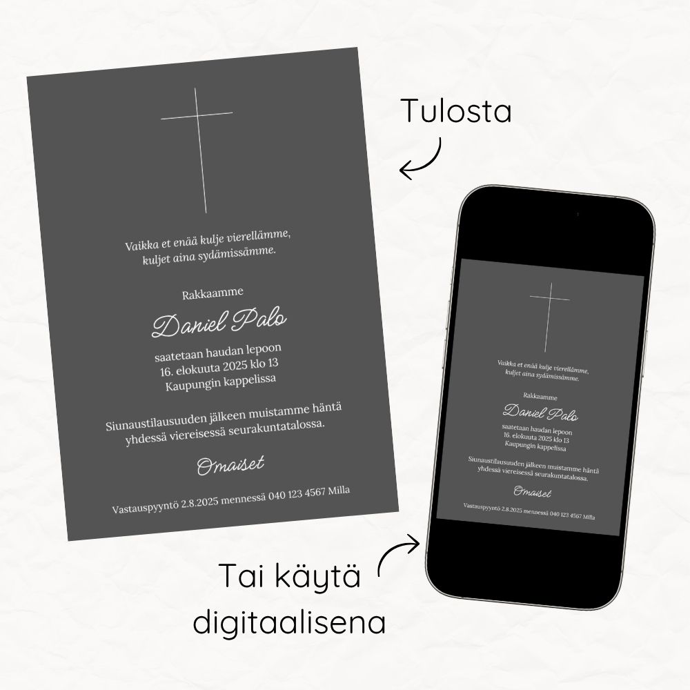 Muokattava ja tulostettava tai digitaalinen hautajaiskutsu