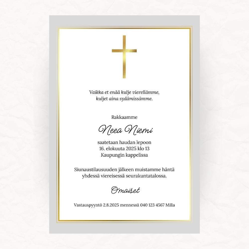 Muokattava ja tulostettava tai digitaalinen hautajaiskutsu