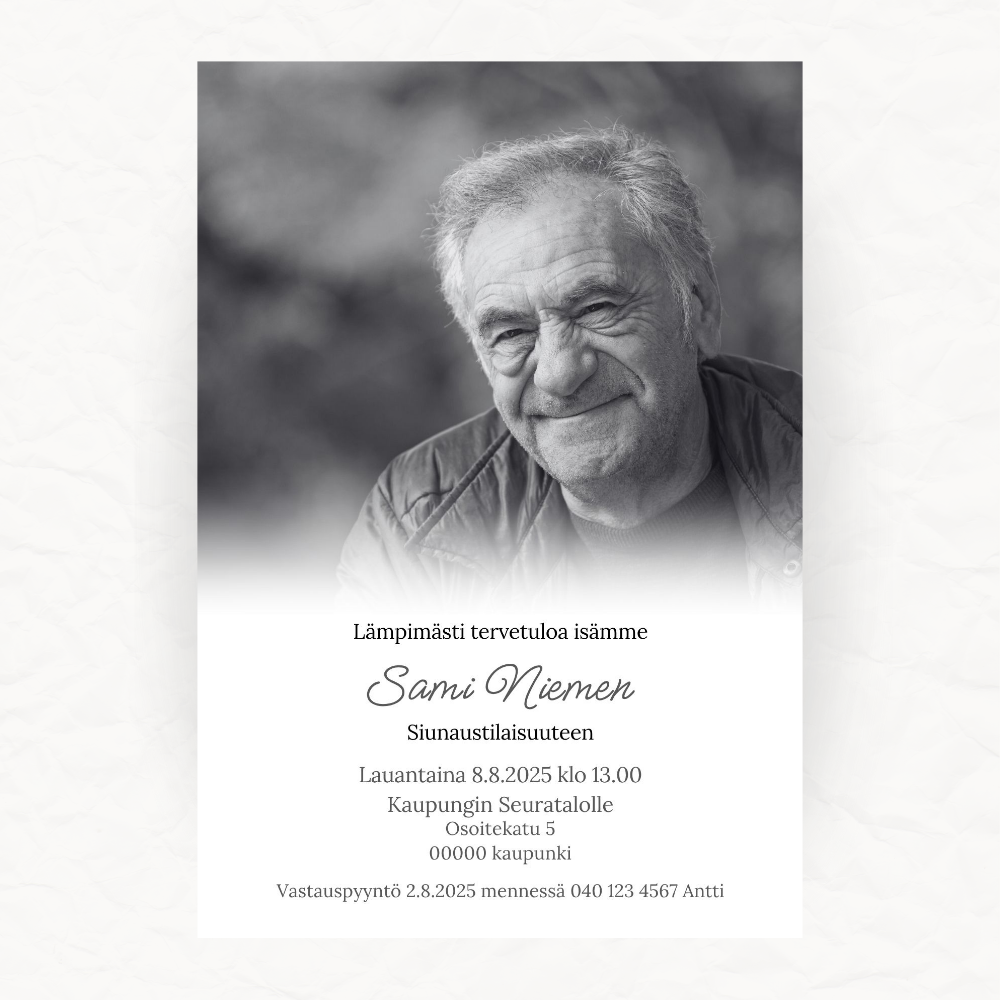 Muokattava ja tulostettava tai digitaalinen hautajaiskutsu omalla kuvalla