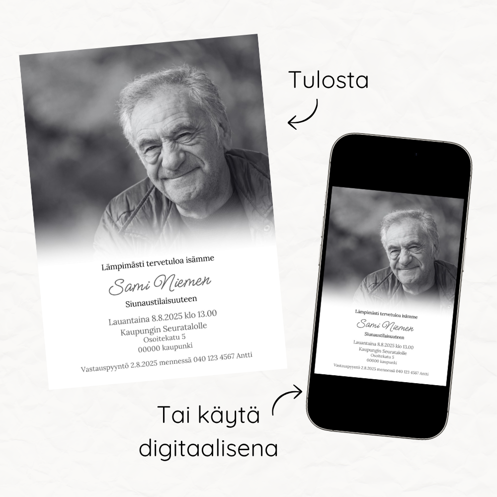 Muokattava ja tulostettava tai digitaalinen hautajaiskutsu omalla kuvalla