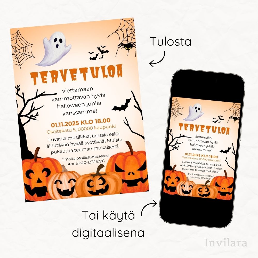 Digitaalinen tai tulostettava halloweenkutsu