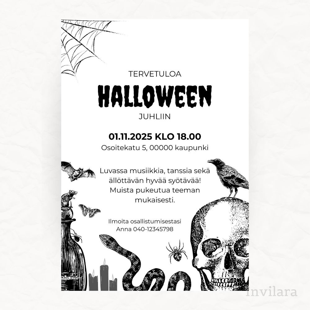 Digitaalinen tai tulostettava halloweenkutsu