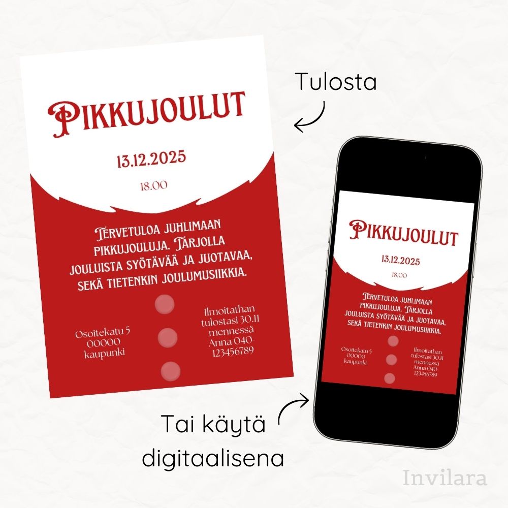 Digitaalinen ja muokattava joulujuhlakutsu tai pikkujoulukutsu
