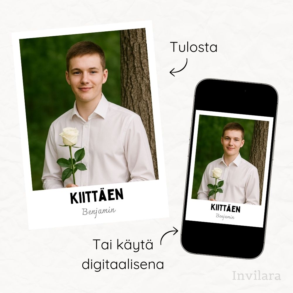 Rippijuhlan digitaalinen tai tulostettava kiitoskortti