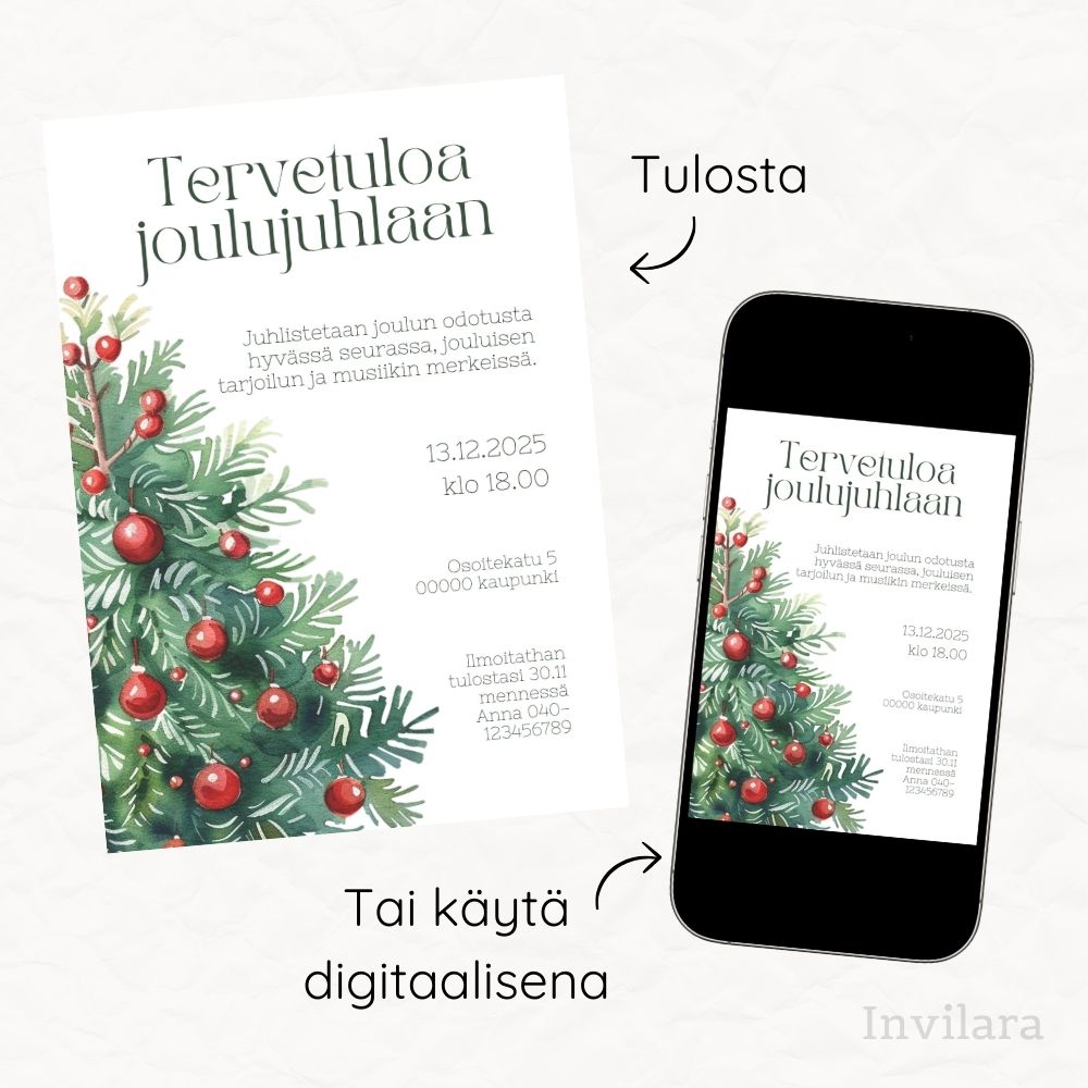 Digitaalinen ja muokattava joulujuhlakutsu tai pikkujoulukutsu