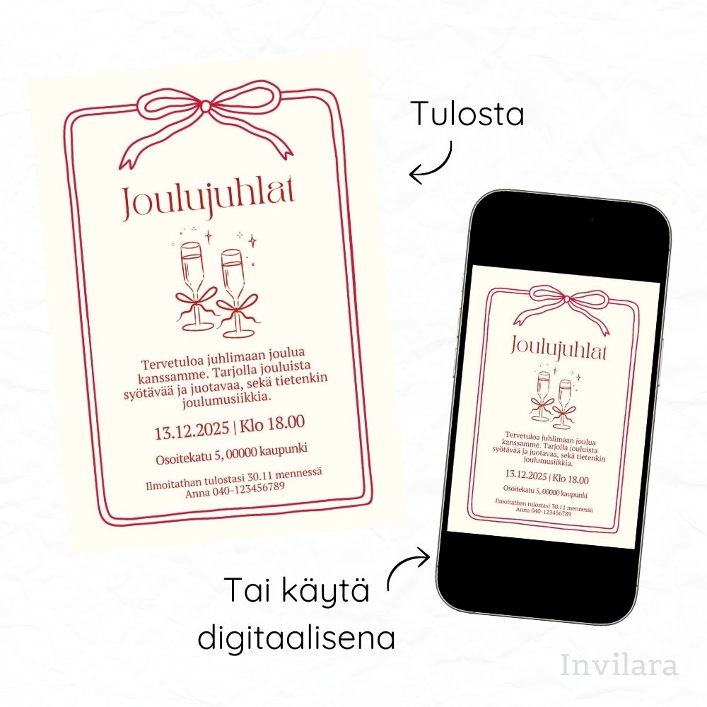 Digitaalinen ja muokattava joulujuhlakutsu tai pikkujoulukutsu