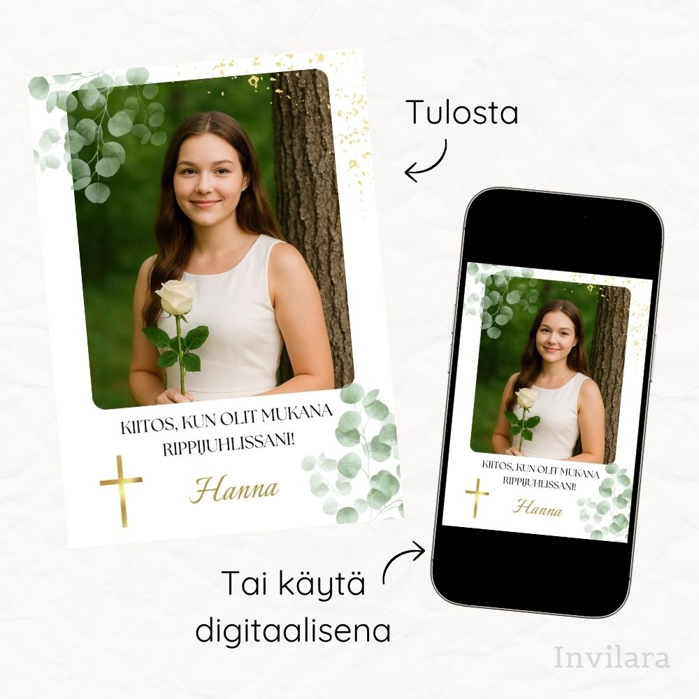 Rippijuhlan digitaalinen tai tulostettava kiitoskortti