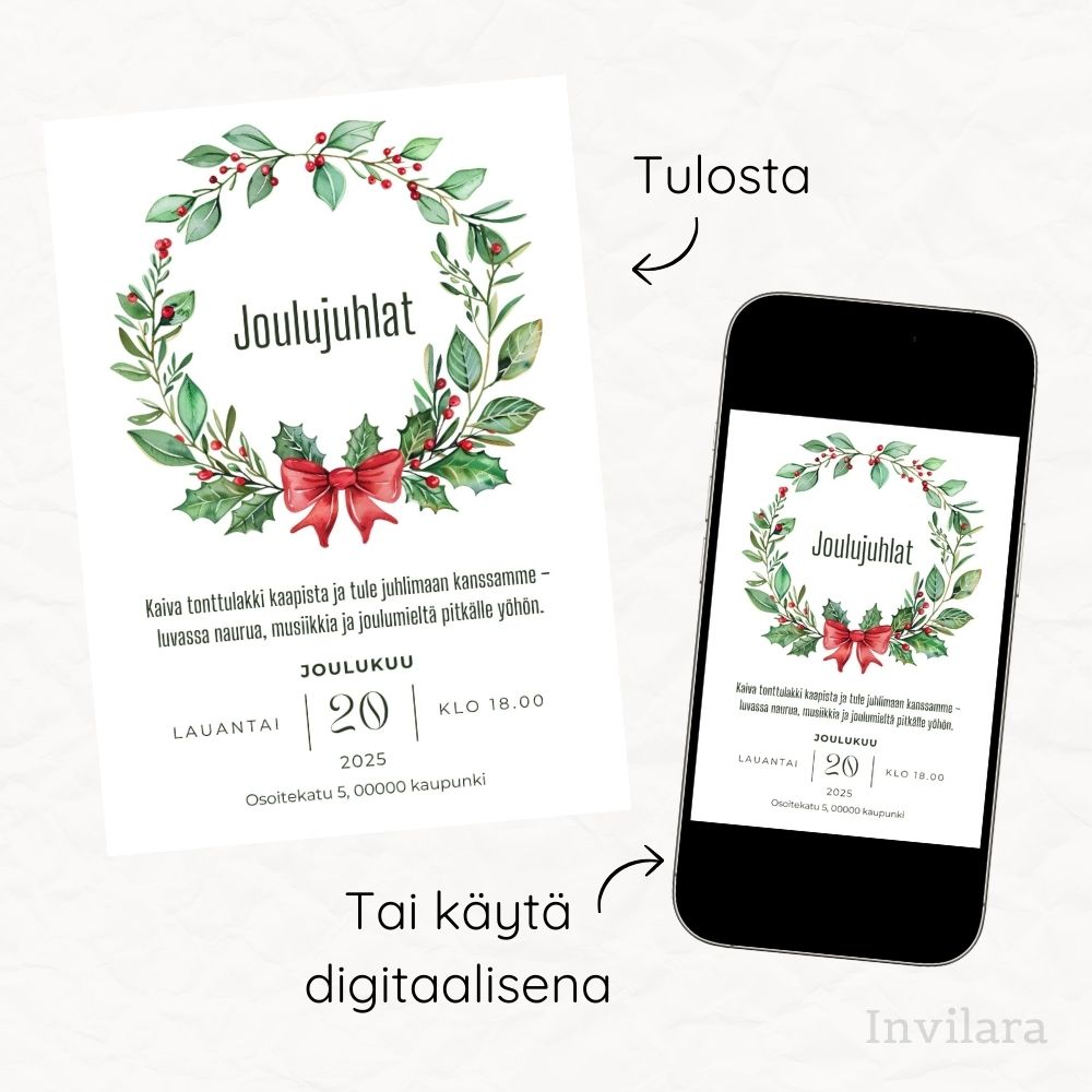 Digitaalinen ja muokattava joulujuhlakutsu tai pikkujoulukutsu