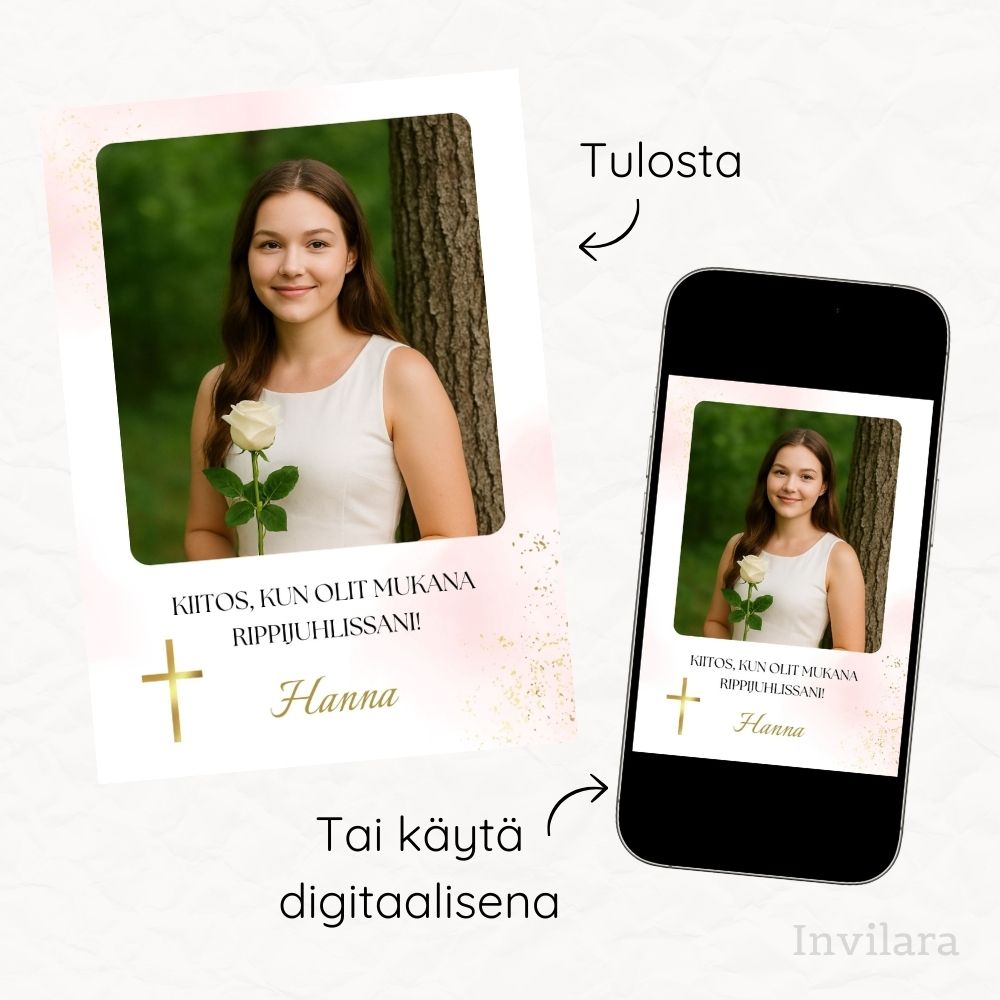 Rippijuhlan digitaalinen tai tulostettava kiitoskortti