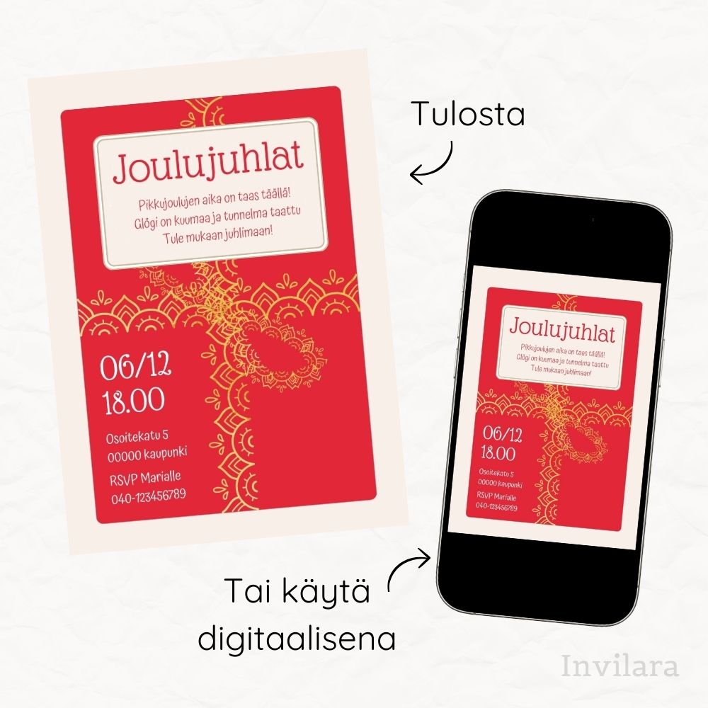 Digitaalinen ja muokattava joulujuhlakutsu tai pikkujoulukutsu